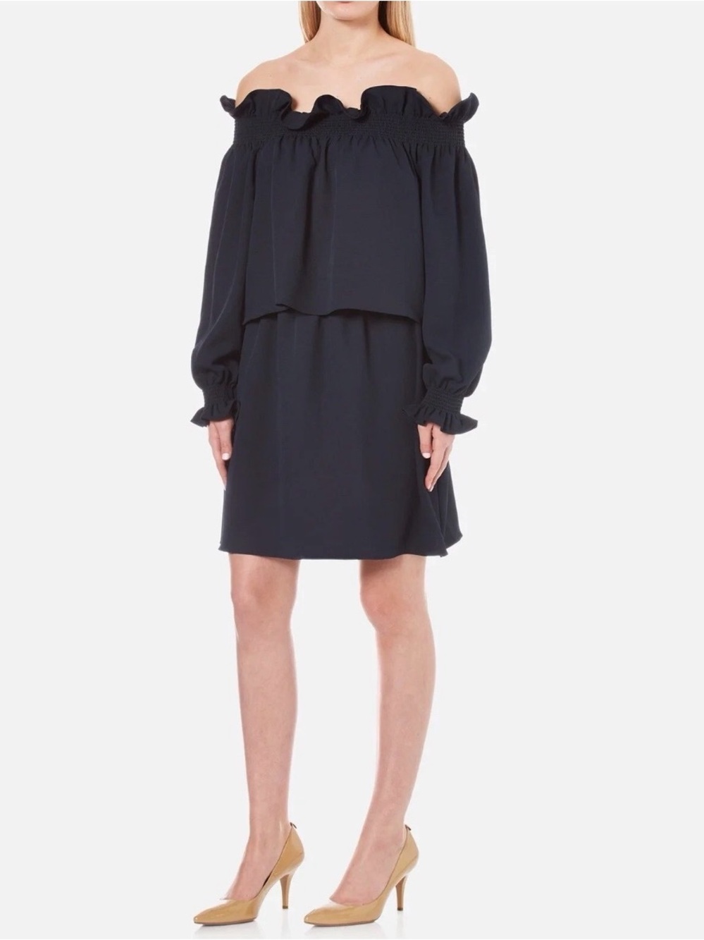 Diane Von Furstenberg Off-Shoulder Long Sleeve Navy Blue Dress
